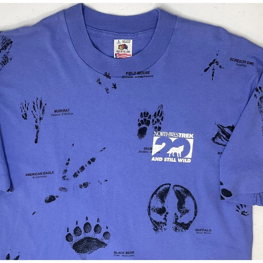 Vintage Art‎ Unlimited Northwest Trek Shirt 1991 Paw Prints AOP Sz L